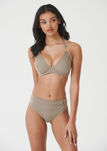 Fuller Bust Boudoir Beach Stone Underwired Halter Bikini Top, D-GG