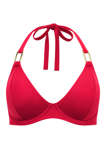 Fuller Bust Boudoir Beach Crimson Red Underwired Halter Bikini Top, D-GG Cup Sizes