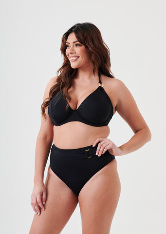 Fuller Bust Boudoir Beach Black Underwired Halter Bikini Top, D-GG Cup Sizes